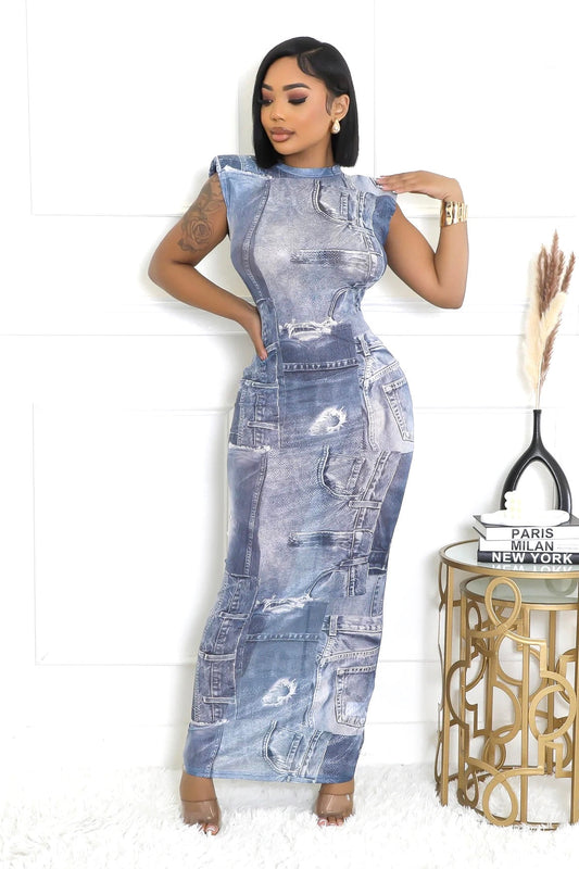 Maxi Denim Illusion Print Dress {See-Thru}