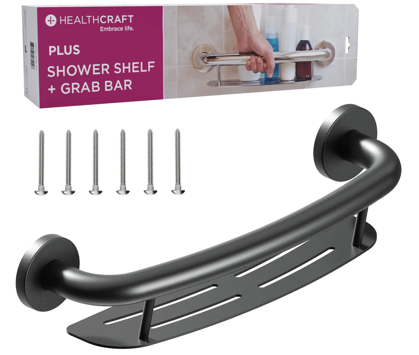 HEALTHCRAFT Plus 2-in-1 Shampoo Shelf and Grab Bar (19.5 Inch) | ADA Compliant Bathroom Safety Grab Bar for Seniors Wall-Mounted Supports Up to 500 lbs Matte Black