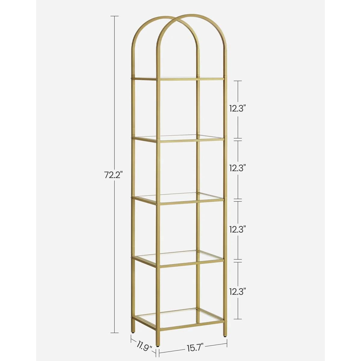 Estantería estrecha de metal dorado con parte superior arqueada y 5 estantes de cristal para almacenamiento