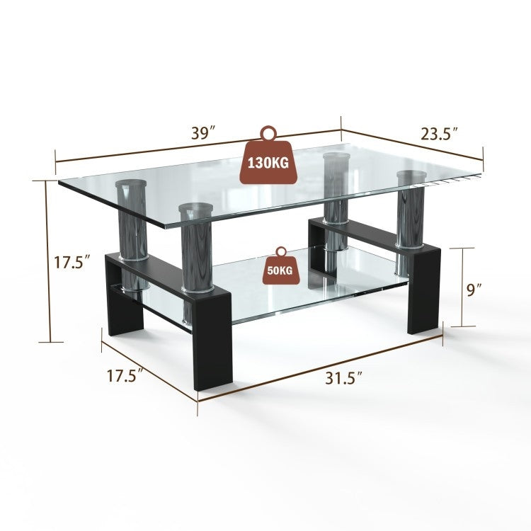 Mesa de centro moderna de cristal de 2 niveles con patas de metal negras