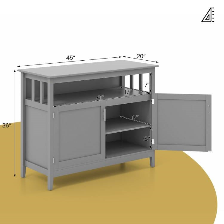 Aparador de comedor de 2 puertas de madera gris con estante de almacenamiento abierto