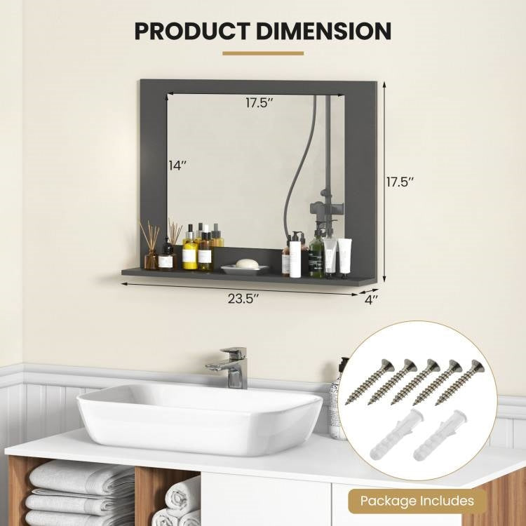 Espejo de baño rectangular de 23 x 17 pulgadas con estante de almacenamiento en acabado de madera gris