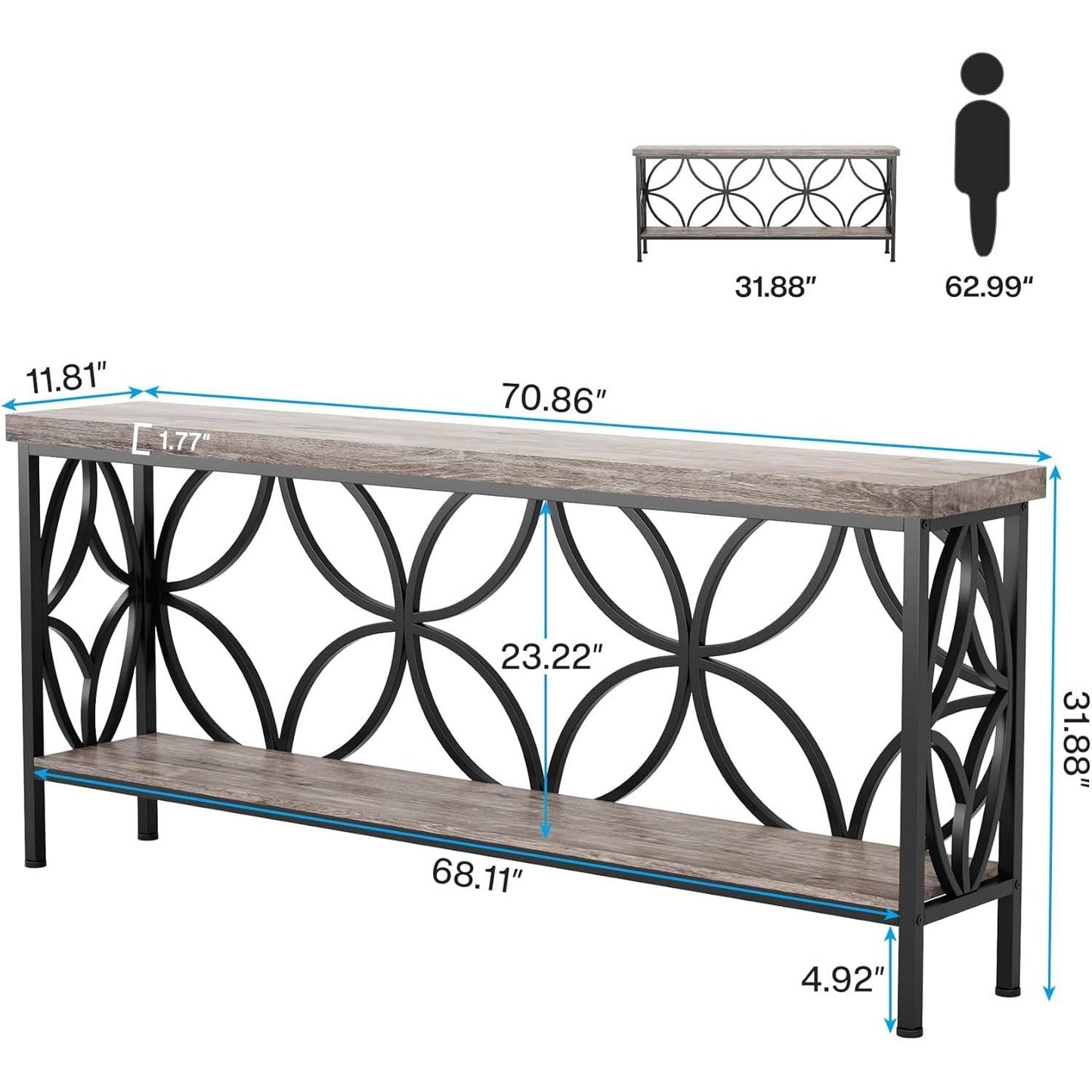Mesa de entrada/recibidor moderna de 70 pulgadas de largo y estrecha con parte superior y estante de madera gris