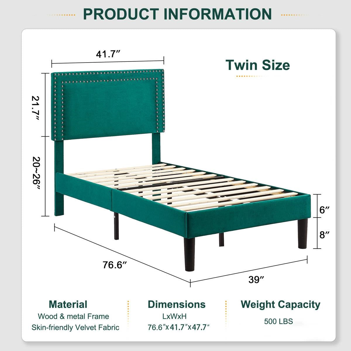 Juego de 2 - Base de cama de plataforma tapizada tamaño Twin en color verde oscuro con cabecero