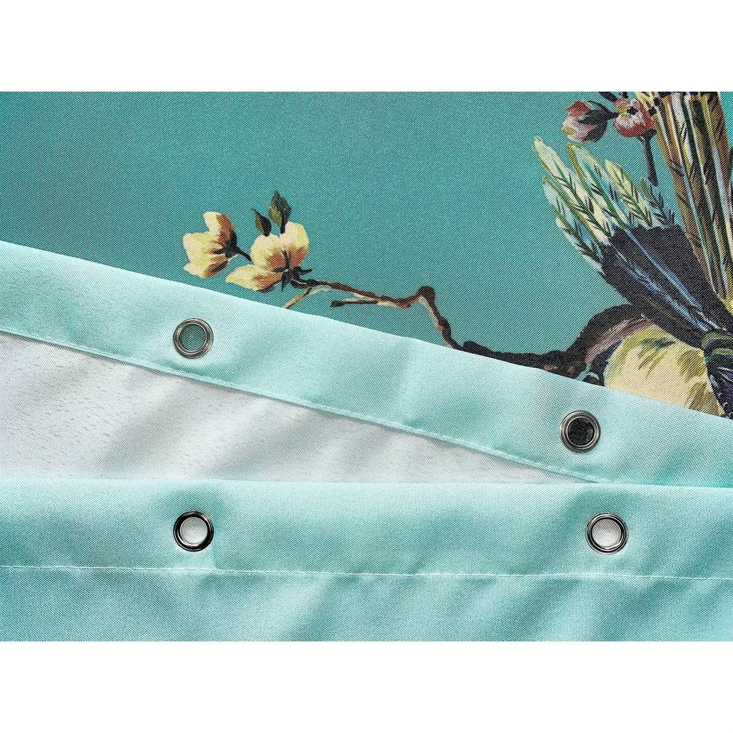 Cortina de ducha de estilo japonés con diseño floral de árbol, pájaros y mariposas en azul verdoso, 72 pulgadas