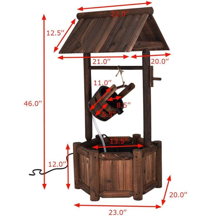 Fuente de agua con bomba de madera maciza para jardín/patio exterior con pozo de los deseos