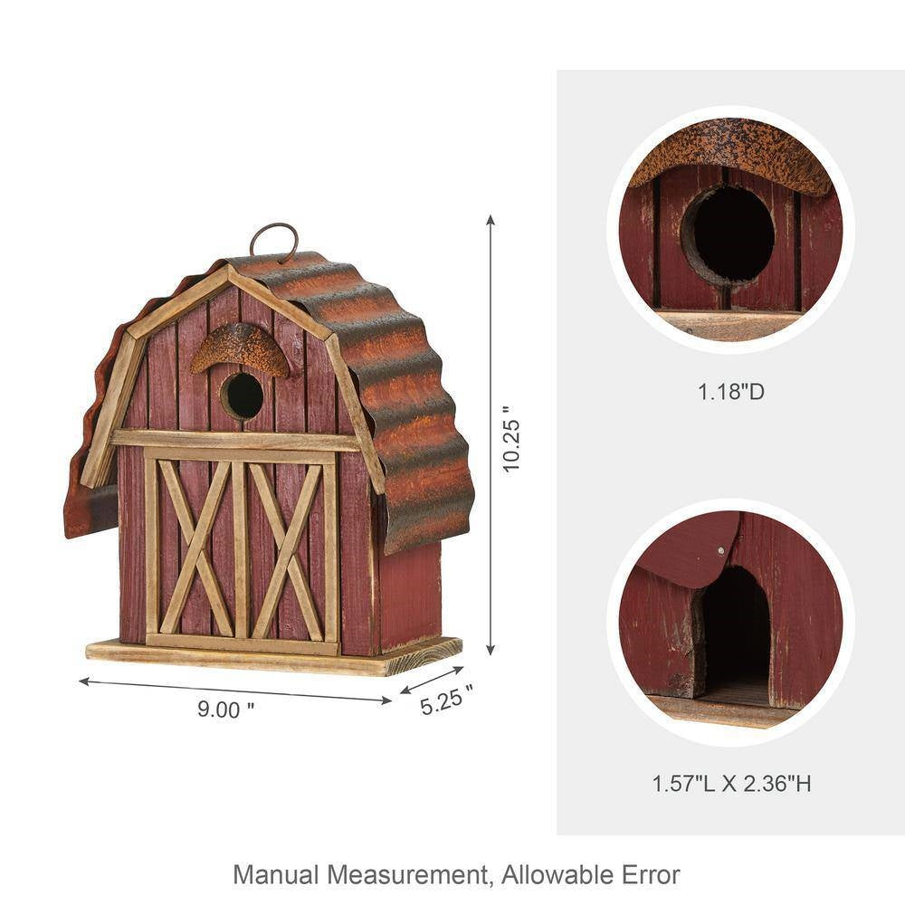 Casita para pájaros colgante de estilo granero, de metal y madera roja para exteriores