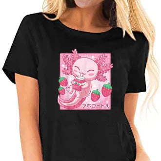 Camiseta de Leche de Fresa de Ajolote Kawaii