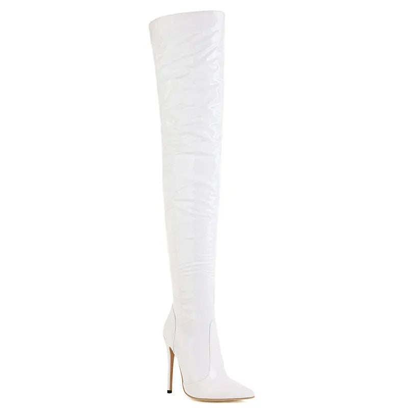 Sgesvier 2021 New Sexy Over the knee Long Boots High Heel Patent leather Autumn Winter Women Shoes Black Red White Size 32-49