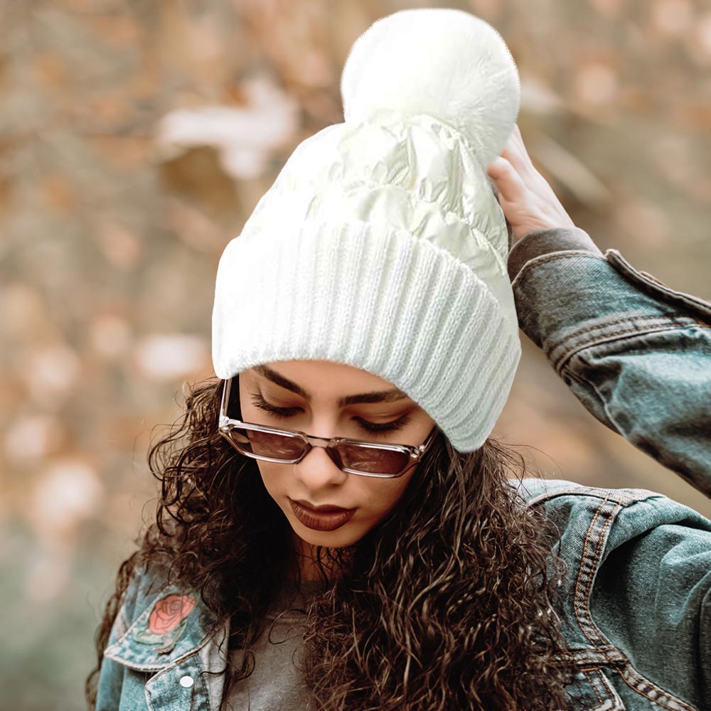 Women's Fleece Lining Puffer Knit Pom Beanie Hat