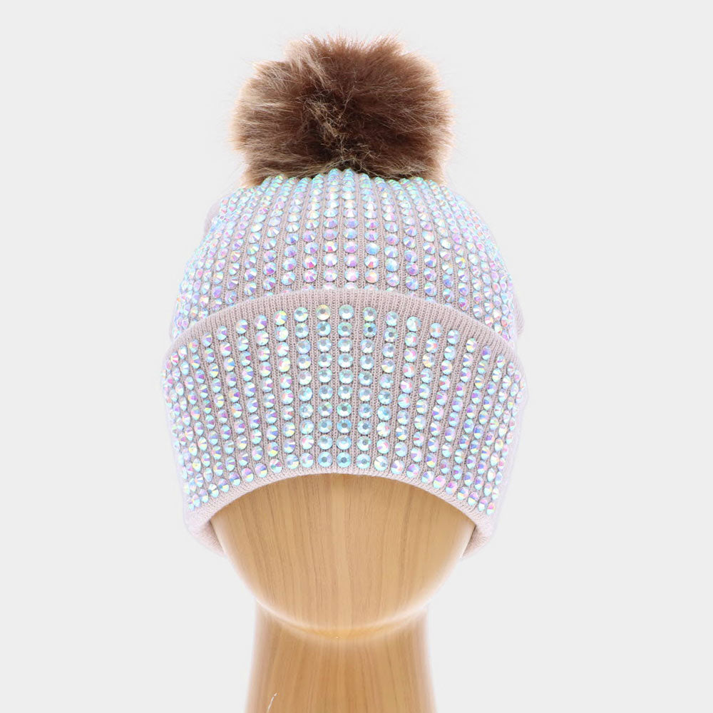 Double Layer Bedazzled Cuffed Pom Pom Beanie Hat
