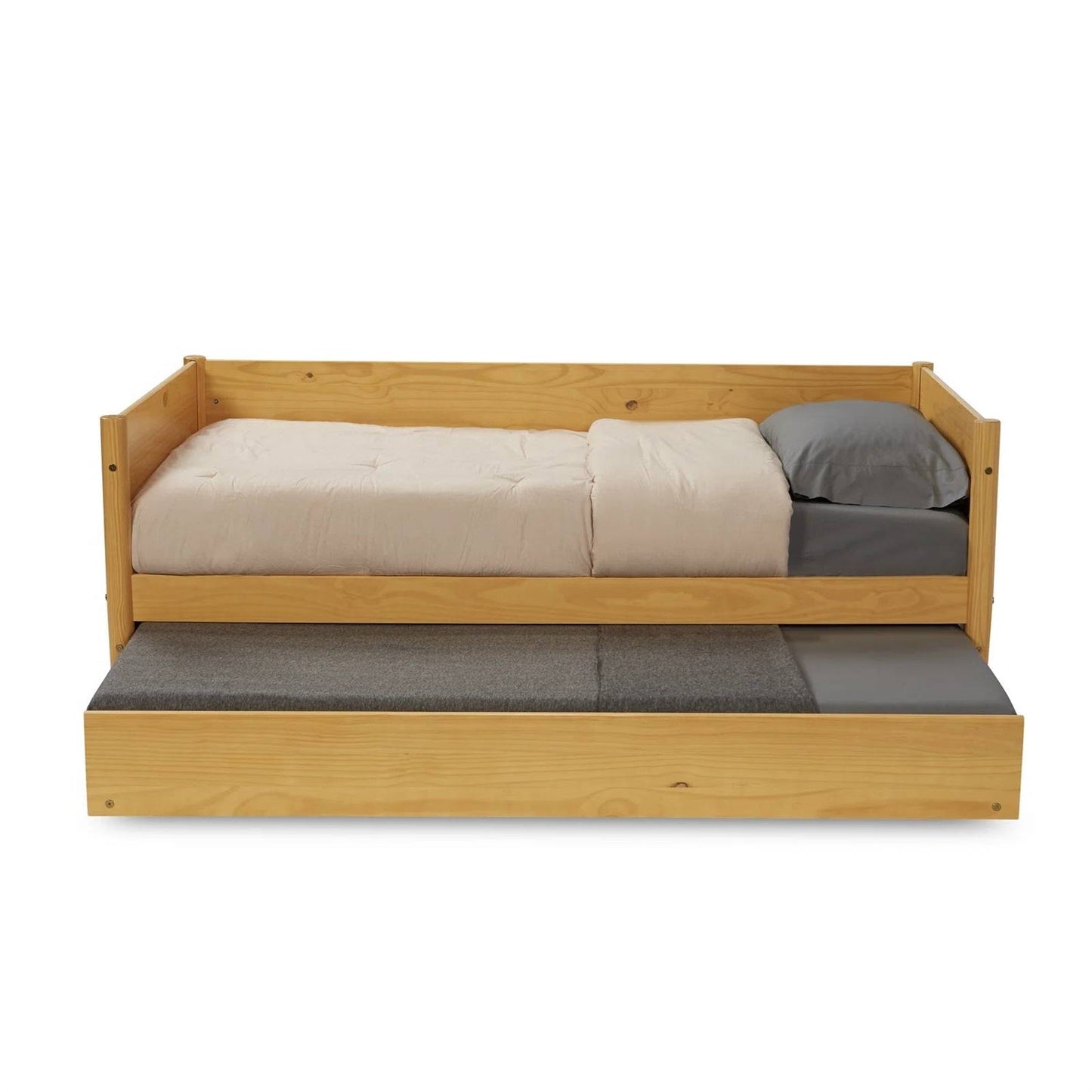 Diván individual de madera maciza con cama nido extraíble en color marrón amarillo claro