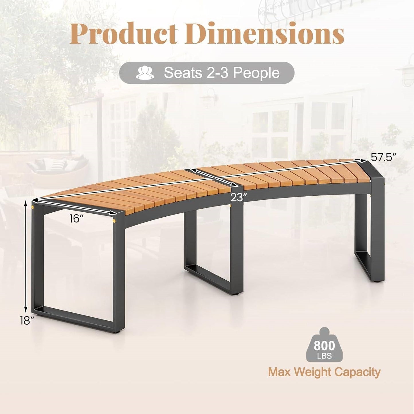 Banco de jardín sin respaldo con estructura de metal para exteriores, lamas de madera y diseño de arco moderno