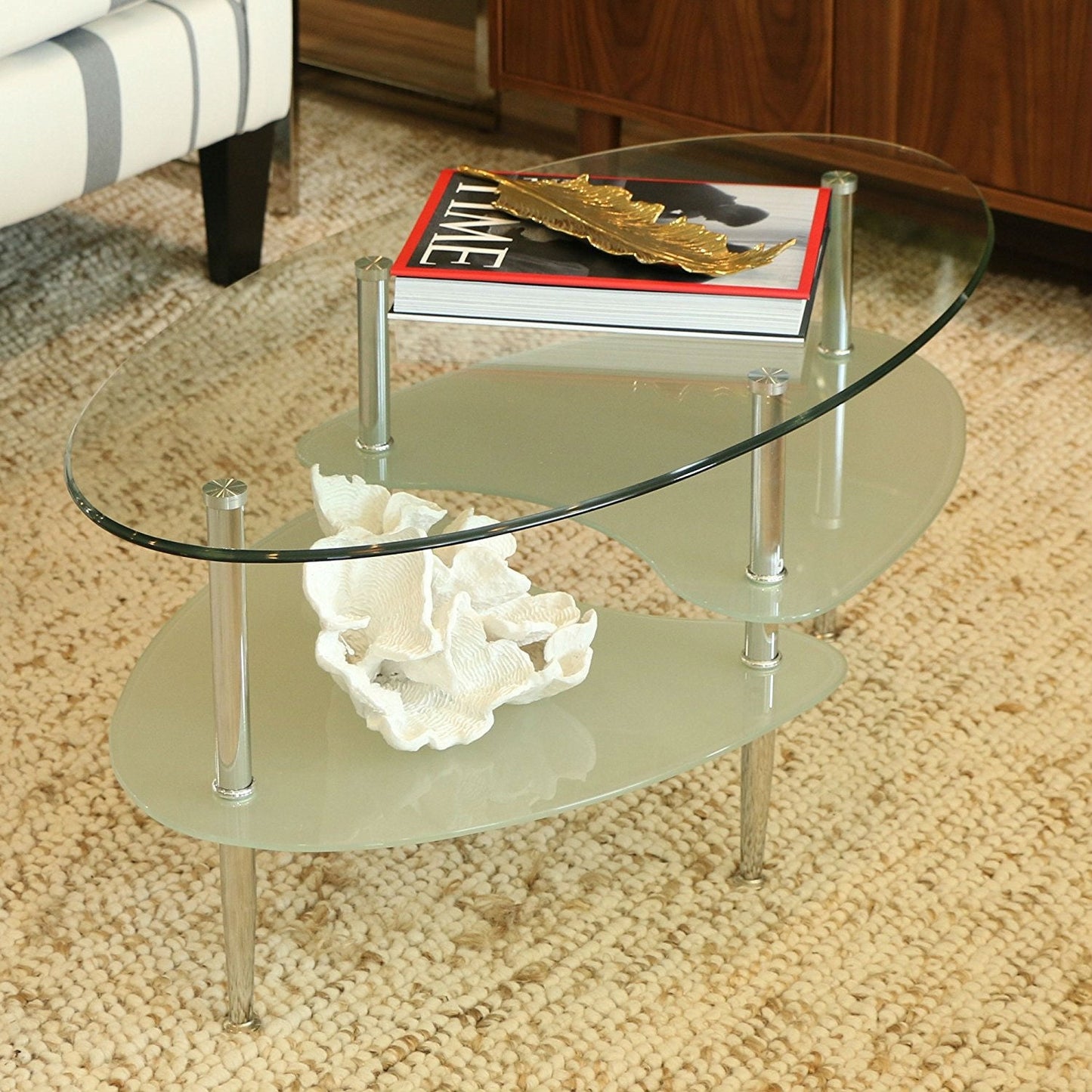 Mesa de centro ovalada moderna de cristal con patas de metal cromado