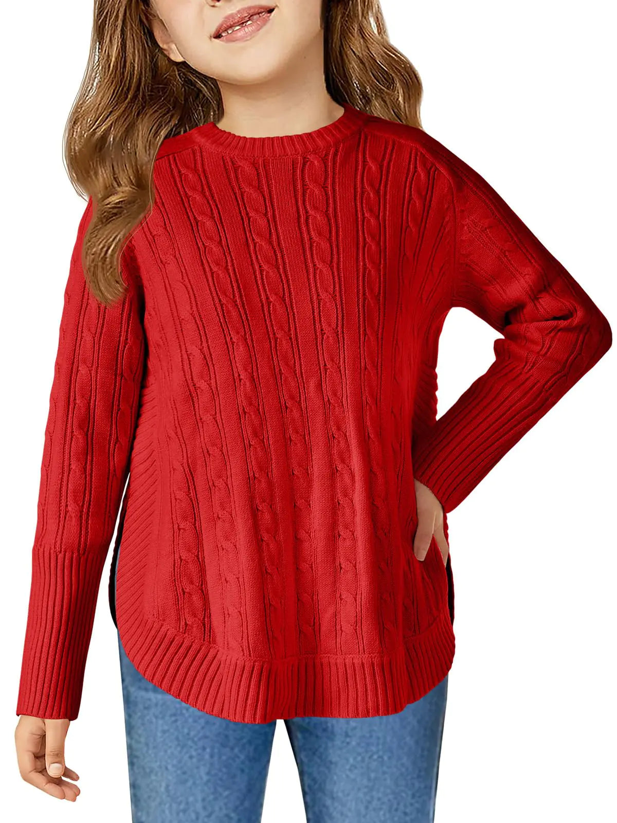 Haloumoning Girls Oversized Sweater Kids Fashion Batwing Sleeve Cable Knit Sweaters with Side Slit 11-12 Years Red - # GIAA22210004