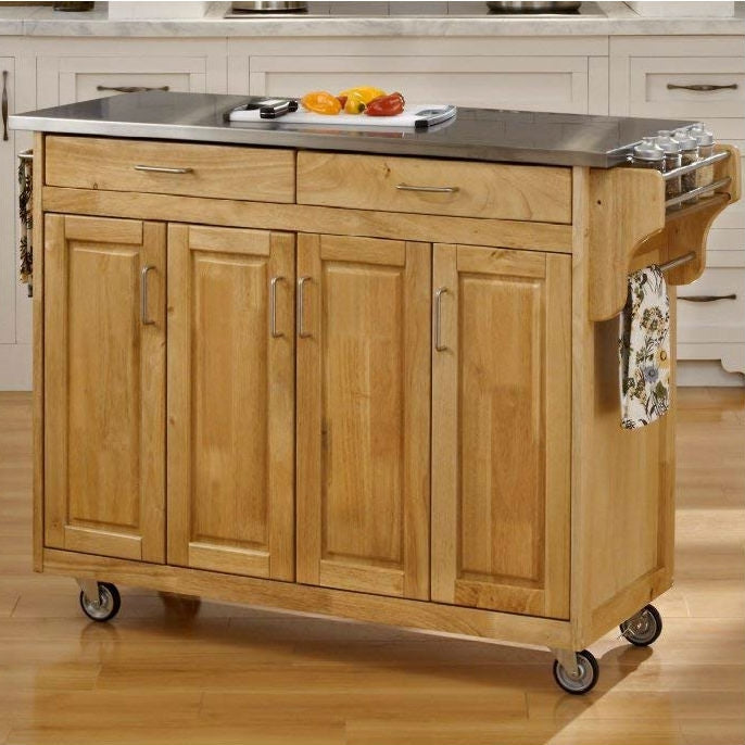 Carrito de cocina tipo isla de madera con cubierta de acero inoxidable y ruedas