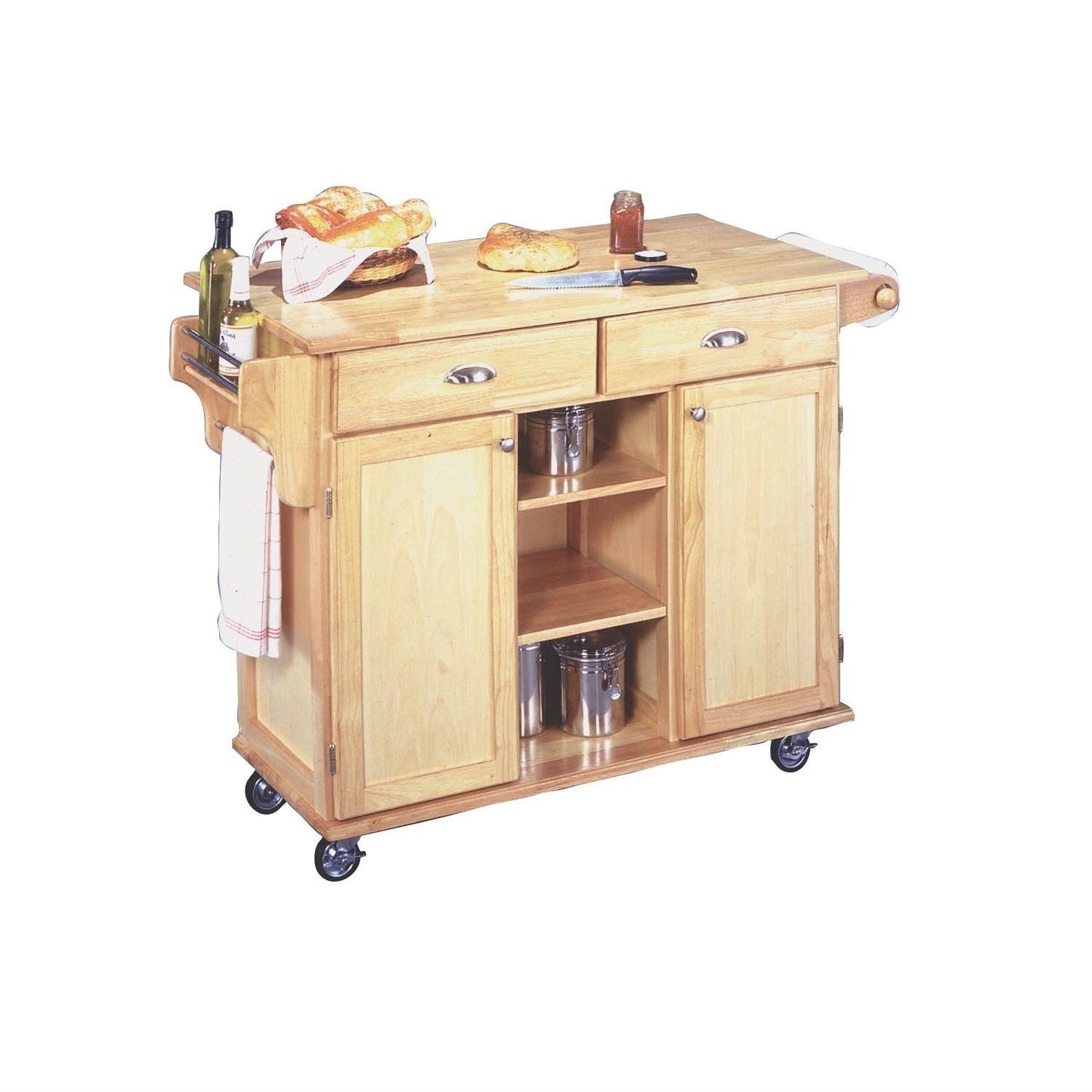 Carrito de isla de cocina con acabado de madera natural y ruedas con freno