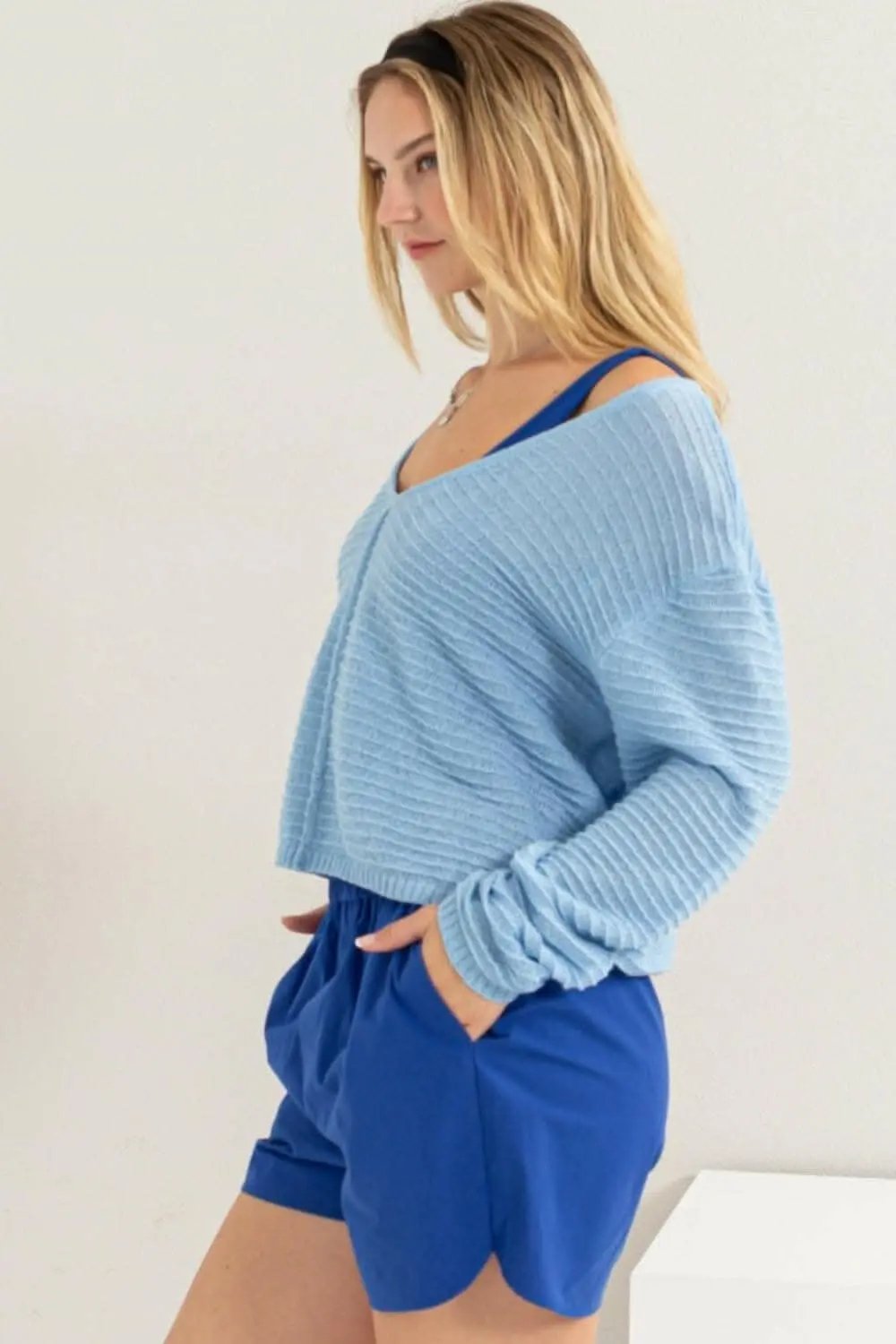 Jackets Trendsi Stripe Texture Top Women's Casual V-Neck Long Sleeve Top - Soft & Stylish
