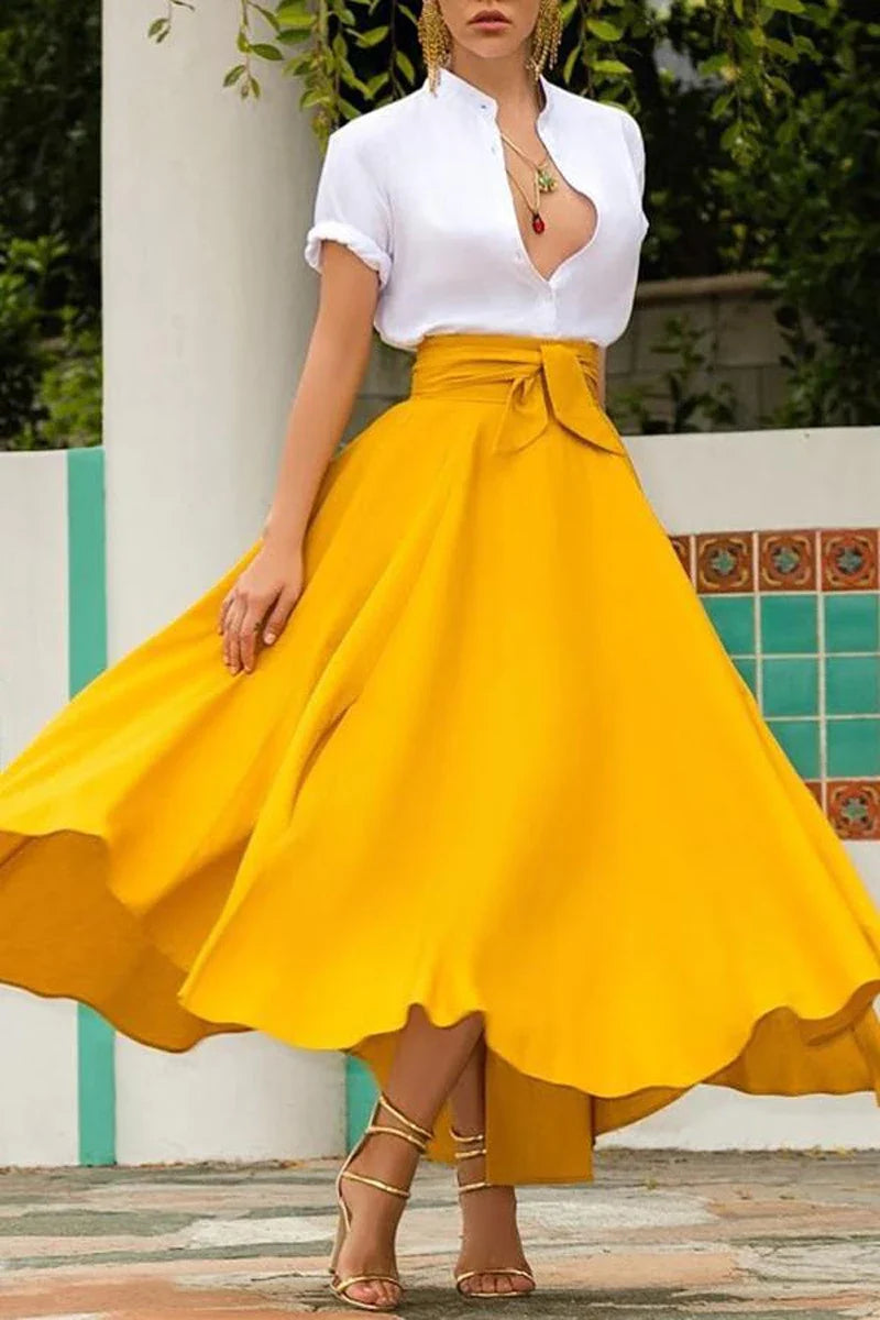 Fashion Women's Ladies Solid Color Bandage Pleated Cocktail Party High Waist Summer A Line Skirts With Pocket