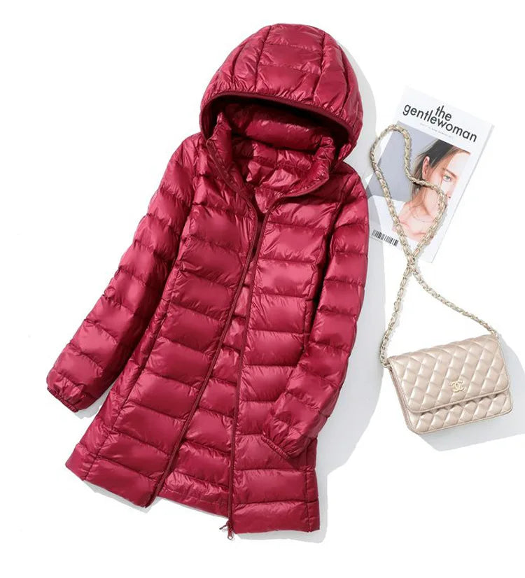 SEDUTMO Winter Long Womens Down Coat Ultra Light Thin Puffer Jacket Slim Casual Remove Hooded Parka ED1580