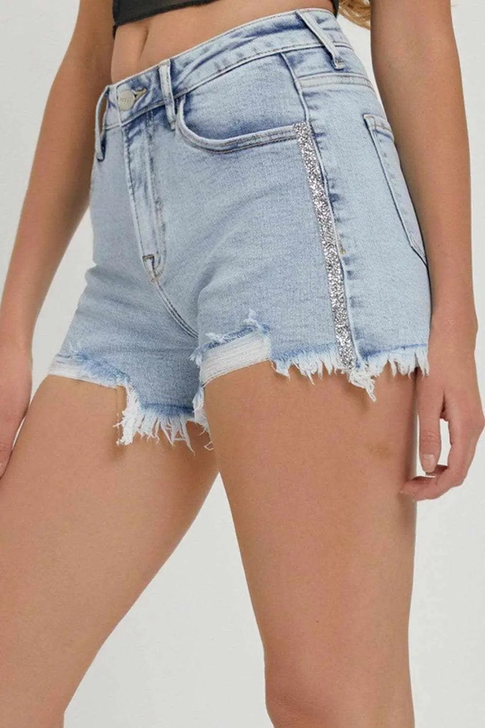 Trendsi Pantalones Cortos de Jean con Diamantes de Imitación para Mujer, Tiro Alto, de Moda de Verano - Ajuste Premium