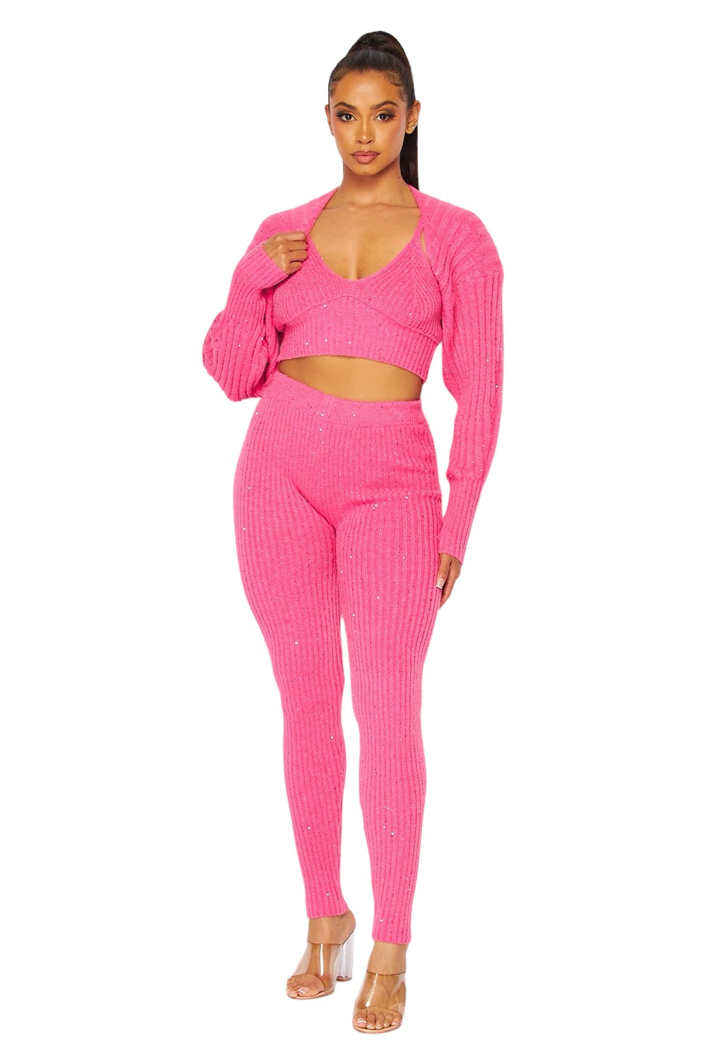 Conjunto de 3 piezas: suéter, pantalón de punto y top de lentejuelas
