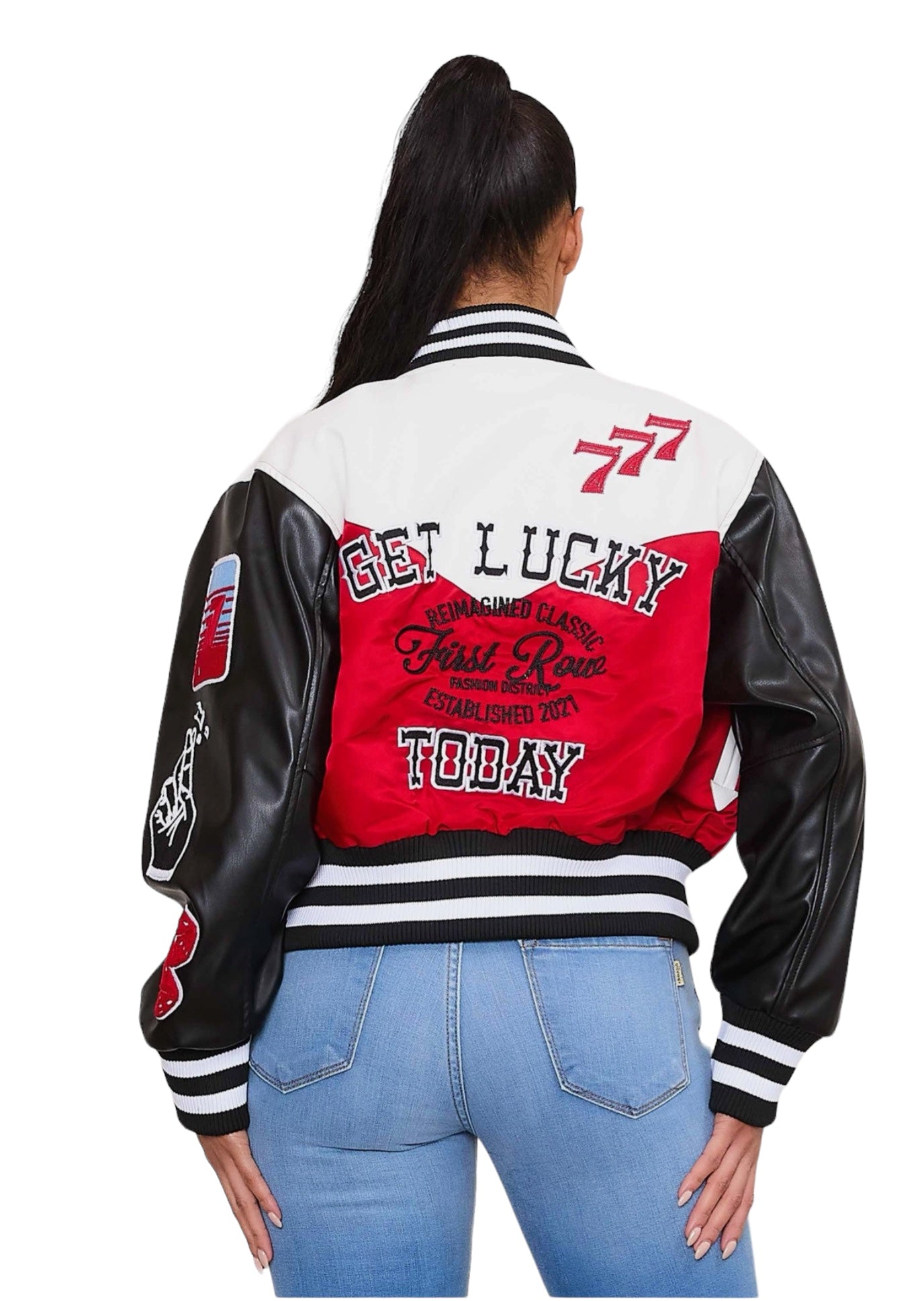 Chaqueta universitaria Get Lucky {Mangas de cuero vegano}
