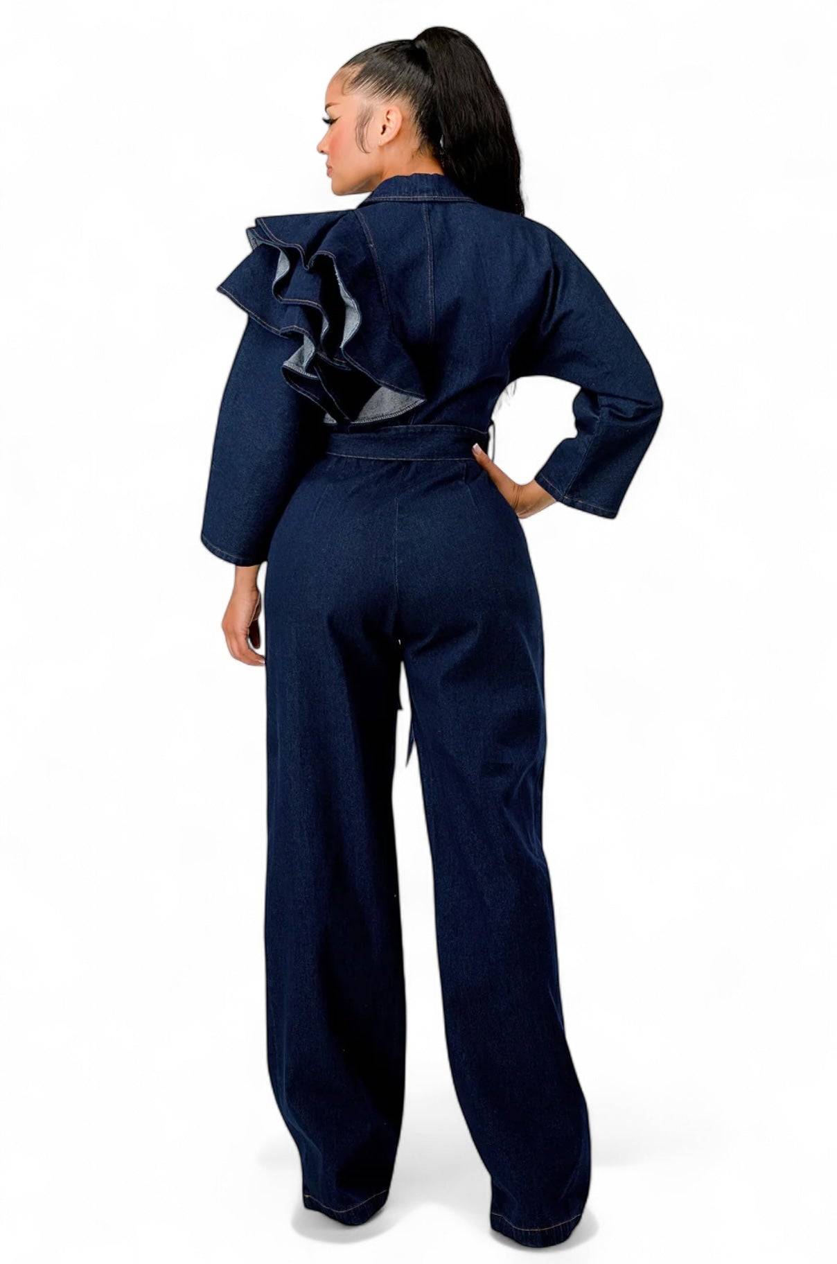 Mono con volantes en los hombros de denim oscuro
