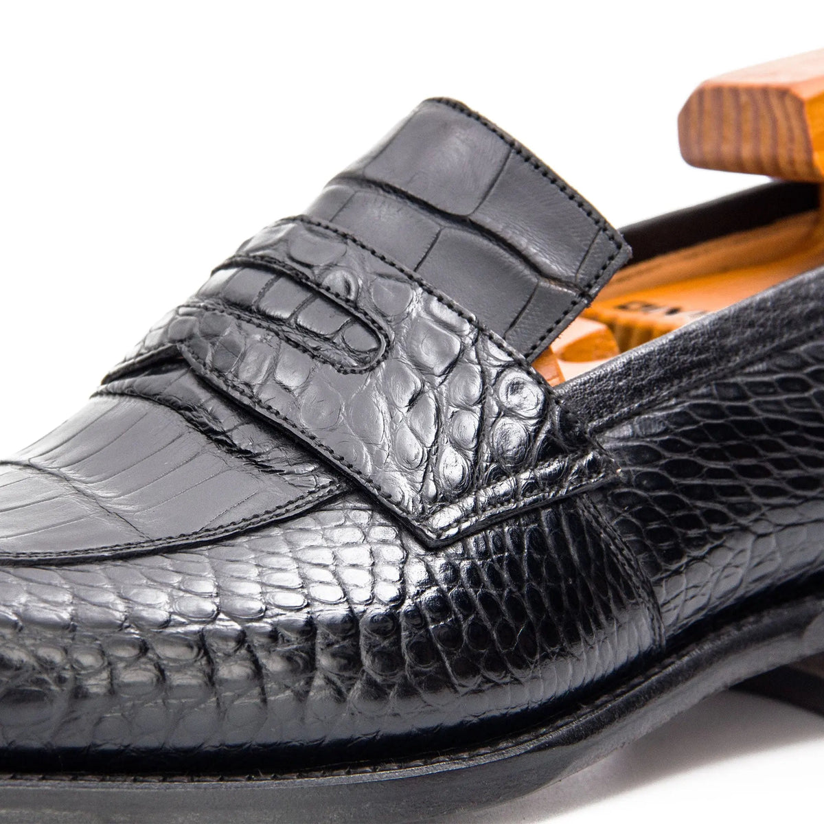 Black Apron-Toe Crocodile Leather Loafers