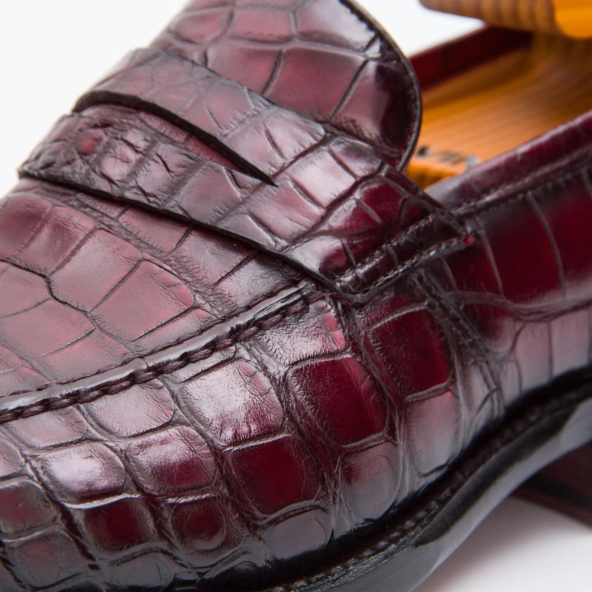 Burgundy Crocodile Leather Apron-Toe Penny Loafers