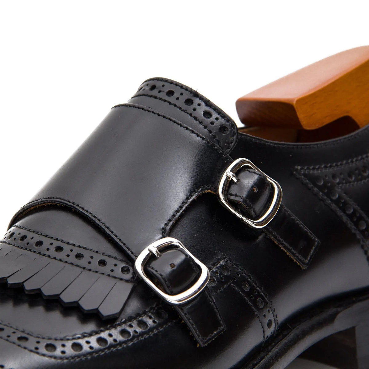 Black Kiltie Cow Leather Monk Shoes