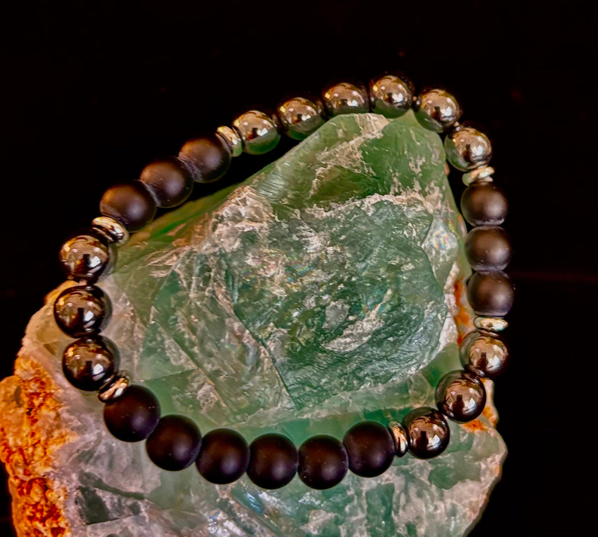 Reiki-Infused Matte Black Onyx & Hematite Double Protection Bracelet for Grounding, Focus & Aura Shielding (8mm)