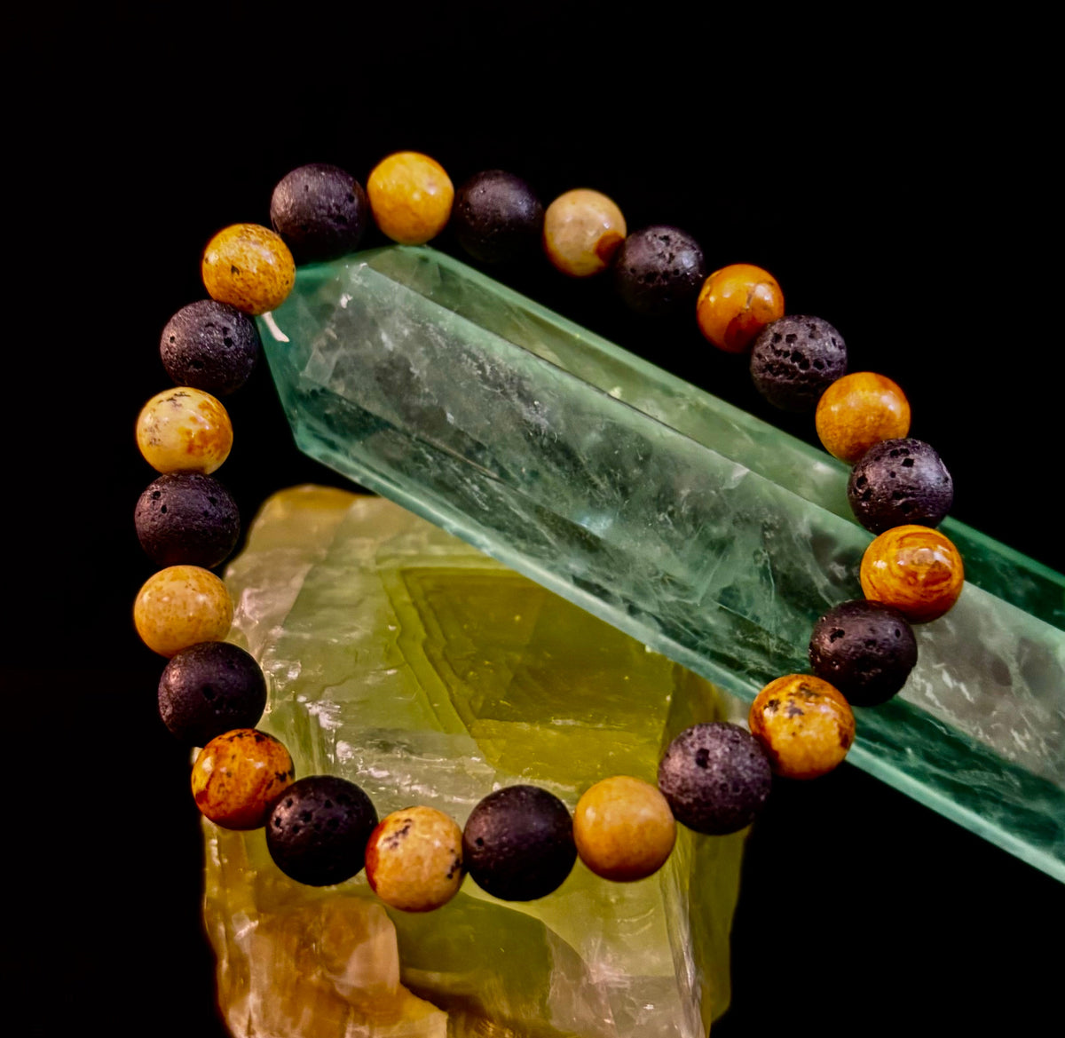 Reiki-Infused Earth & Ember Picture Jasper & Lava Stone Bracelet for Deep Grounding & Aromatherapy (8mm)