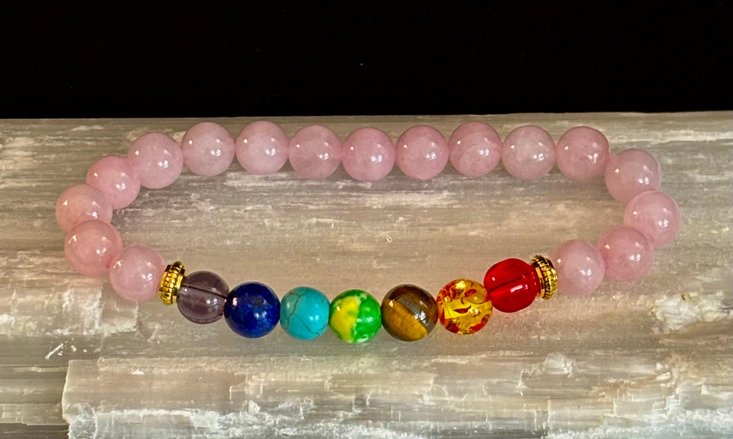 🌸 Pulsera curativa de chakras y cuarzo rosa – Equilibrio emocional + apoyo de la energía del corazón