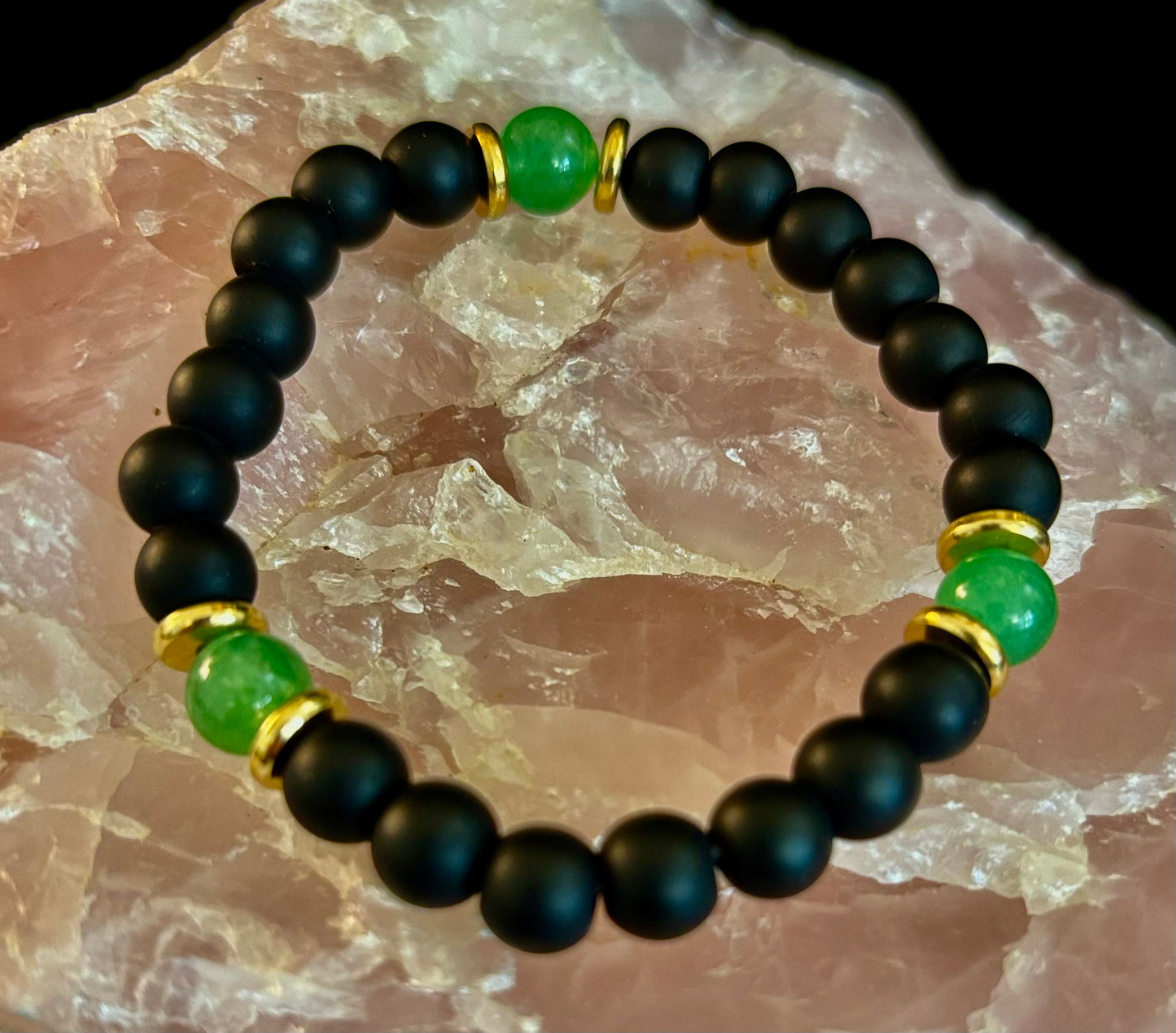 Pulsera de Abundancia y Conexión a Tierra con Ónix Negro Mate y Aventurina Verde Infundida con Reiki (Muñeca Mediana-Grande)