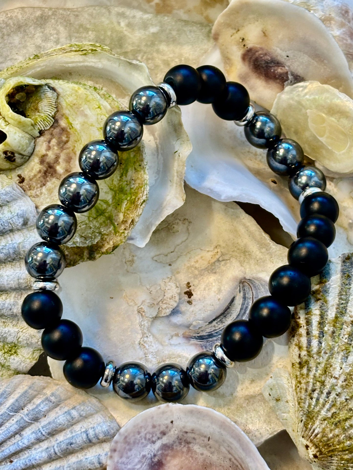 Pulsera de protección poderosa – Ónix negro y Hematita | Cuentas de 8 mm | Muñecas medianas a grandes