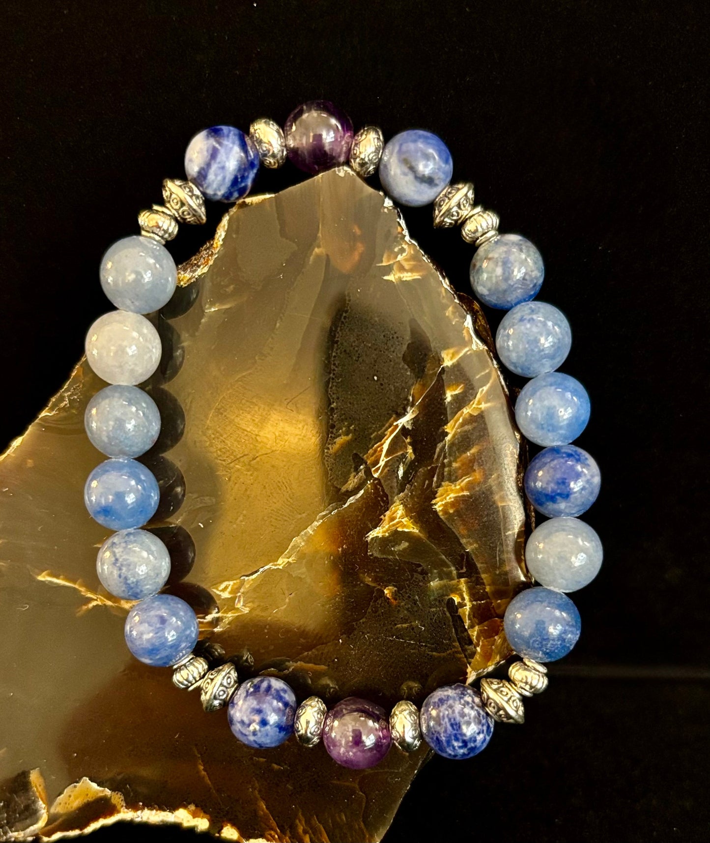 Pulsera de intención de apoyo para la ansiedad – Aventurina azul, sodalita y amatista | Piedras preciosas de 8mm