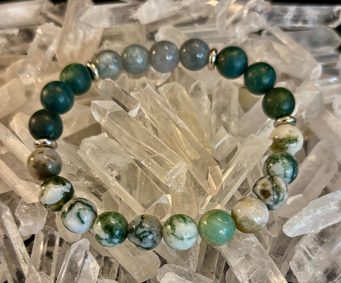 Pulsera de Ágata Árbol, Ágata Musgo y Jade Birmano – Energía Enraizada y Nuevos Comienzos