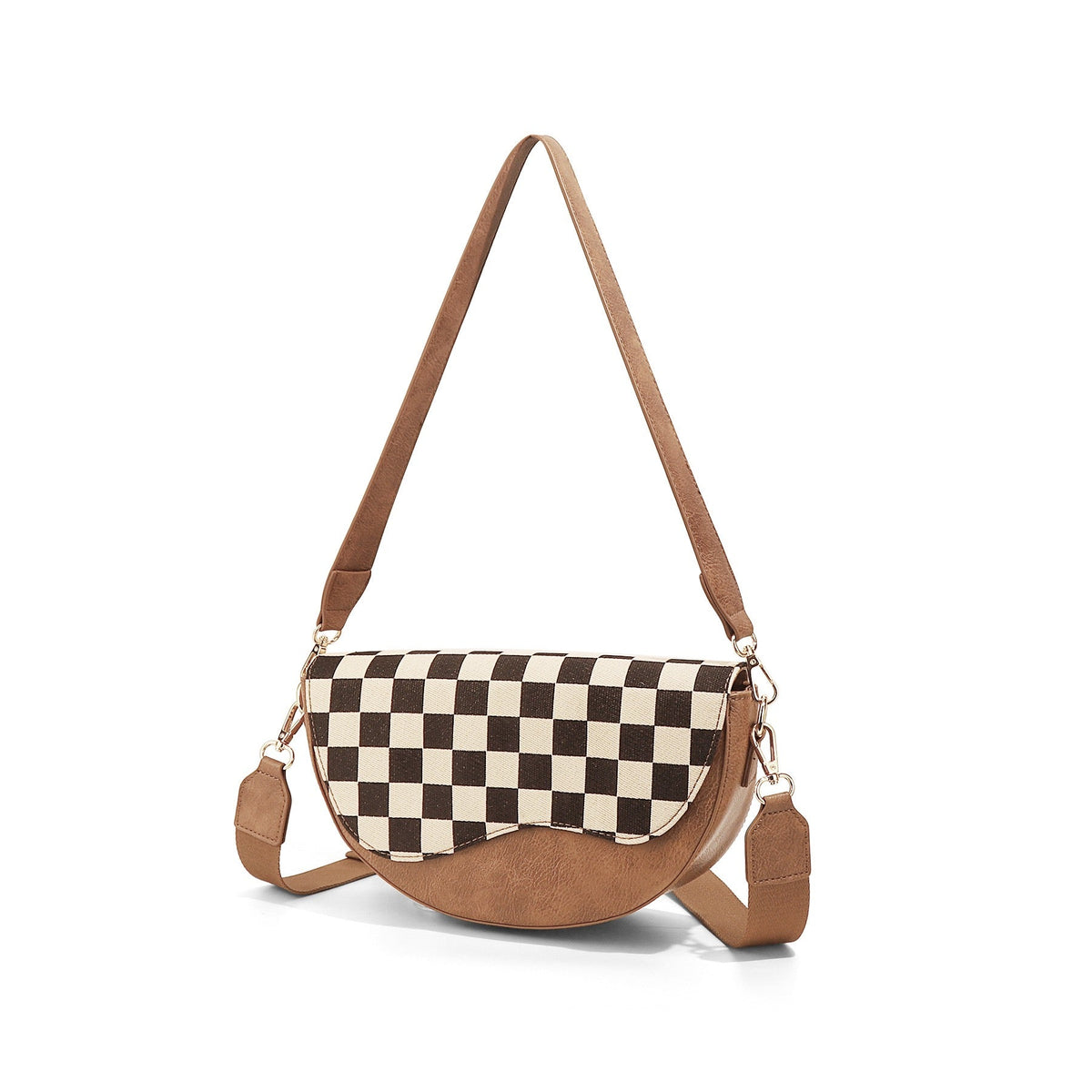Karlie Mixed Media Checkered Convertible Saddle Shoulder Crossbody Bag