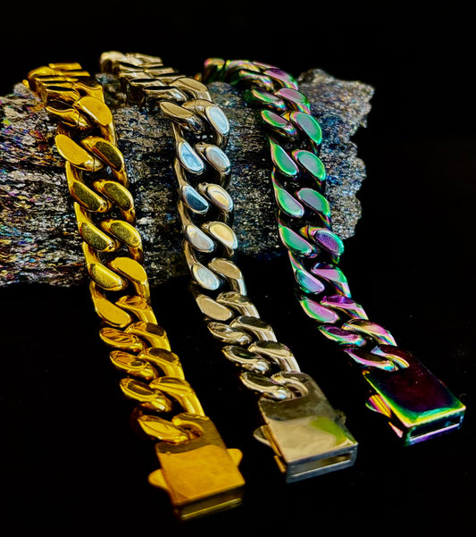 Titanium Steel Chain Bracelet – 22cm Cuban Link, Silver/Gold/Rainbow