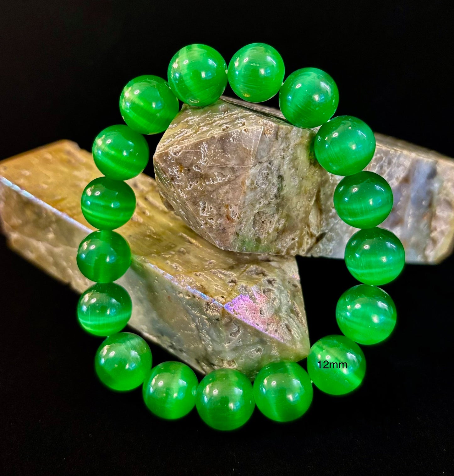 Pulsera de cuentas de cristal de ojo de gato verde (8, 10 y 12 mm para muñecas pequeñas y medianas)