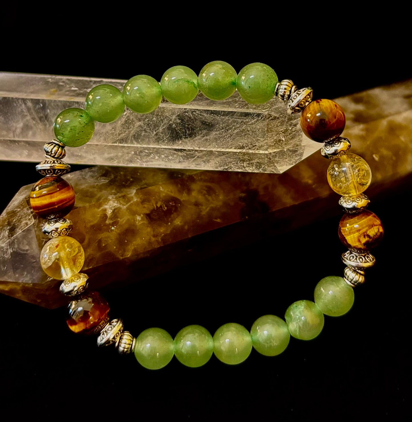 Pulsera de Intención Abundancia y Suerte – Citrino, Ojo de Tigre y Aventurina Verde Infusionados con Reiki