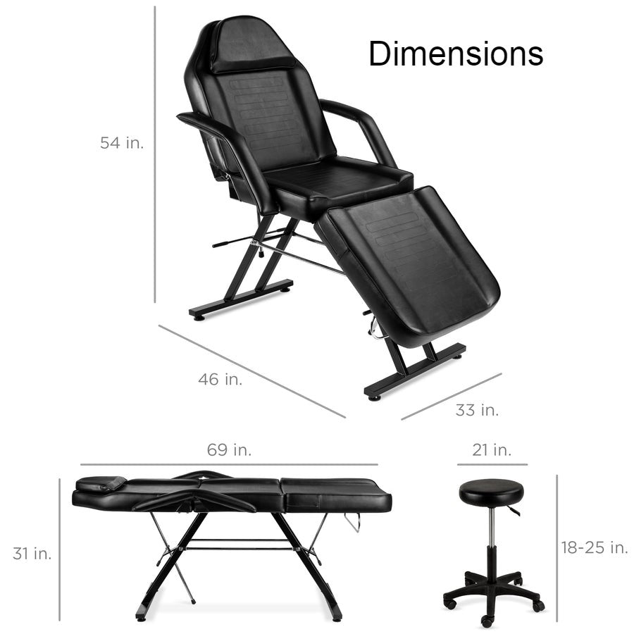 Sillón de salón de masaje ajustable negro con taburete hidráulico