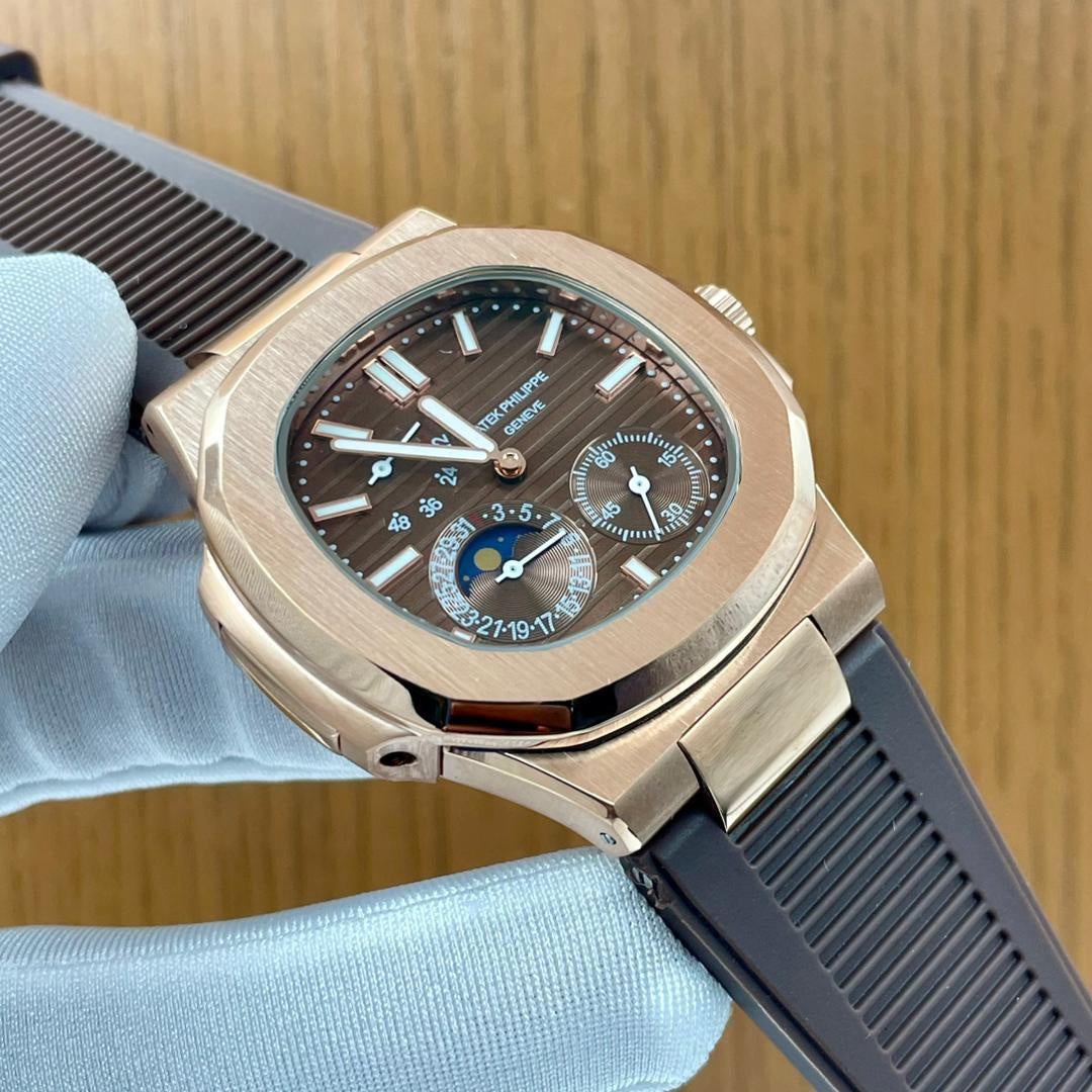 Reloj Patek Philippe de oro rosa con complicaciones - Esfera marrón con fase lunar y subesfera de 24 horas