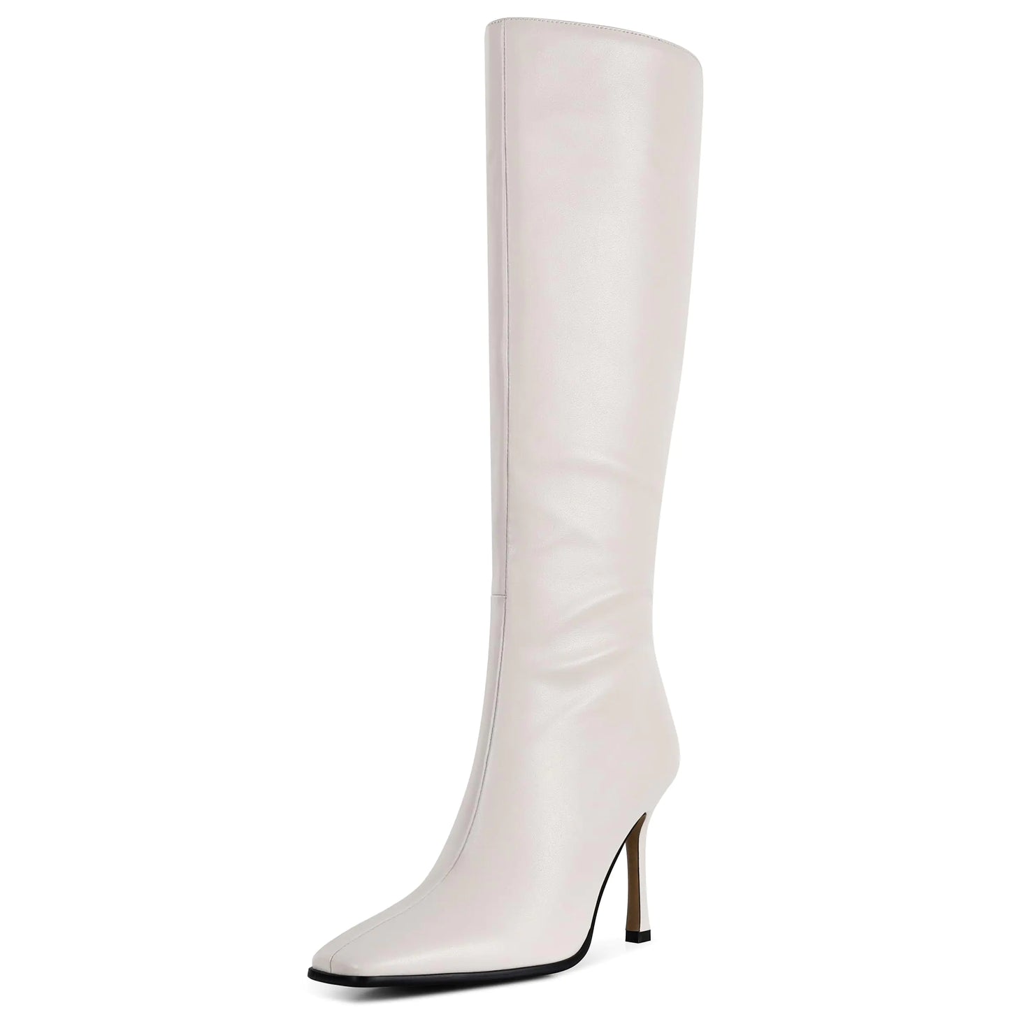 Phefarer Knee High Boots Women Tall Long White Fall Winter Boots 3.74 In Stiletto Heel Sexy Fashion Leather Side Zipper Square Toe Size 7