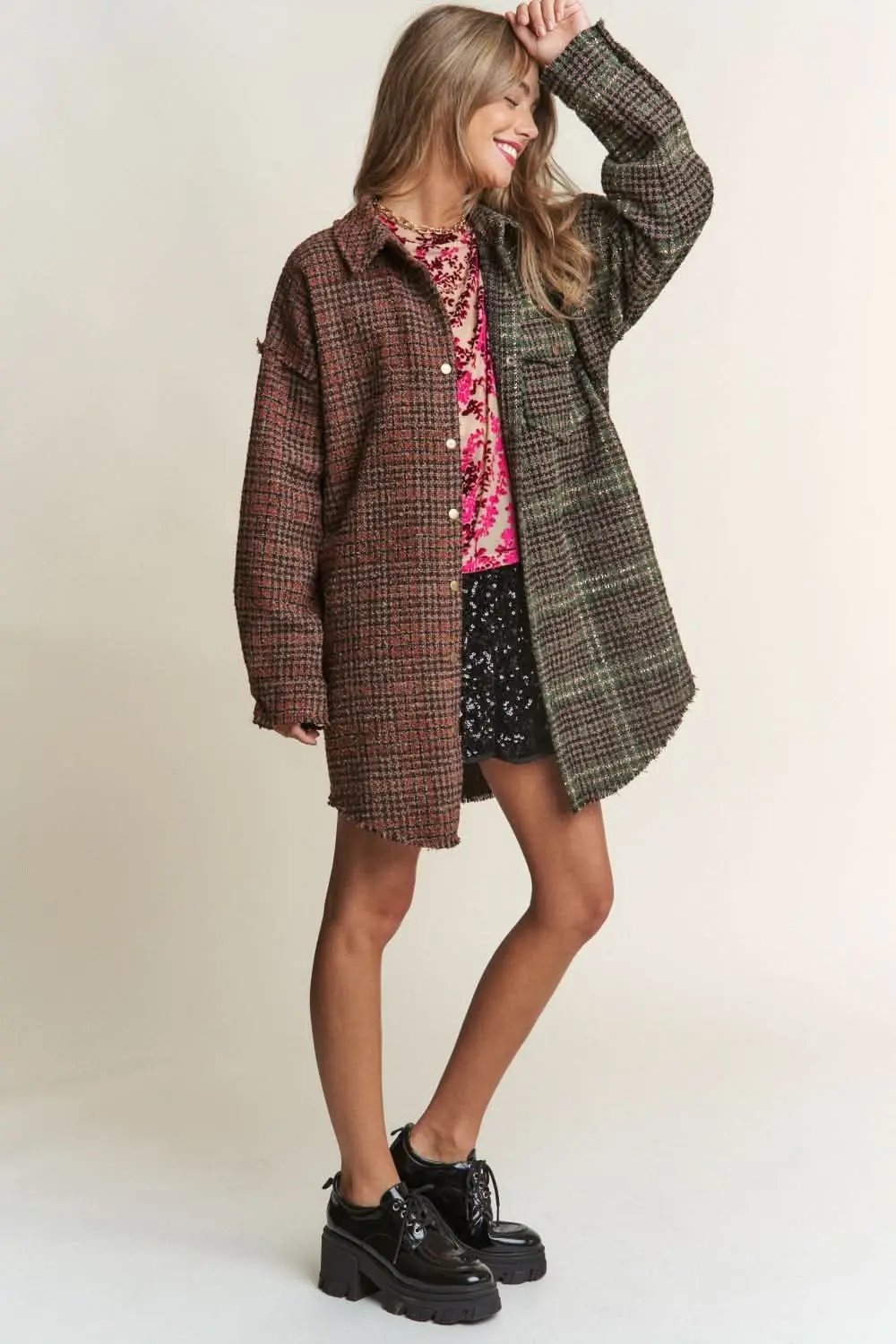 T-Shirts Trendsi Tweed Plaid Shacket Women's Everyday Layering Longline Jacket - Soft, USA Ship