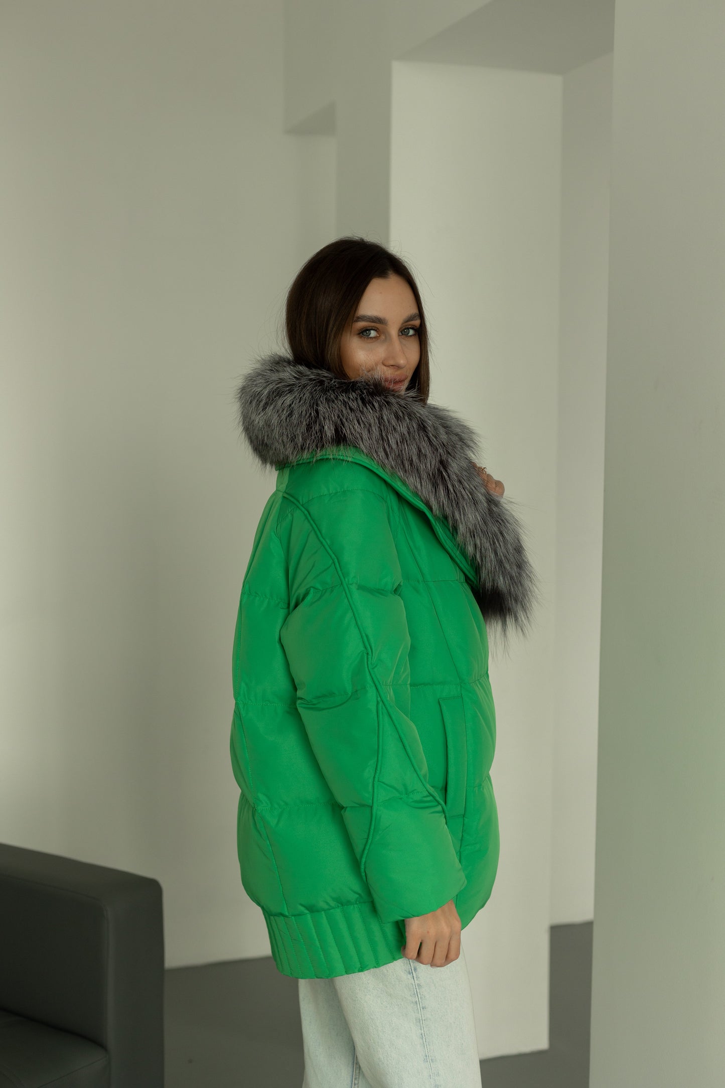 Chaqueta de auténtica piel de zorro plateado y plumón