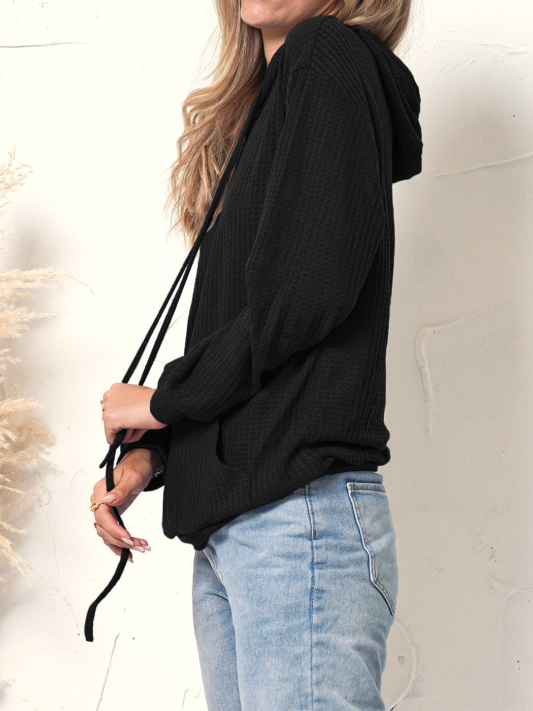 Sudadera Amplia con Capucha de Punto Waffle para Descansar