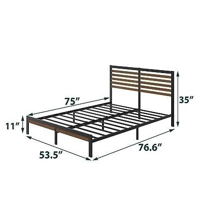 Base de Cama de Plataforma de Metal Completa con Cabecera y Piecera de Listones de Madera de Bambú
