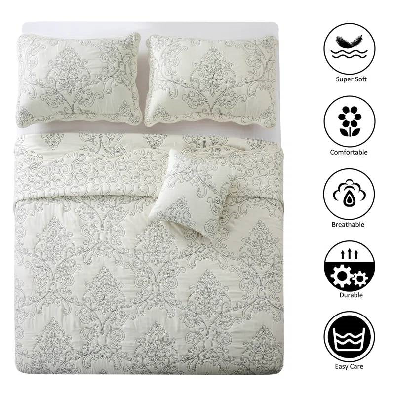 Colcha king size extragrande de 4 piezas con bordado de damasco blanco antiguo